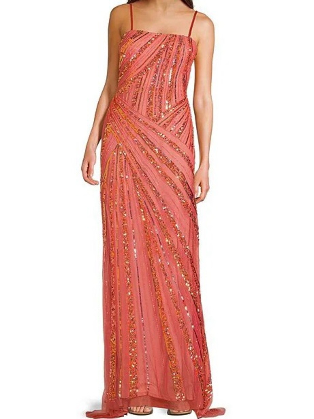 Jump Juniors Coral Orange Beaded Sequins Strapless Gown With Train